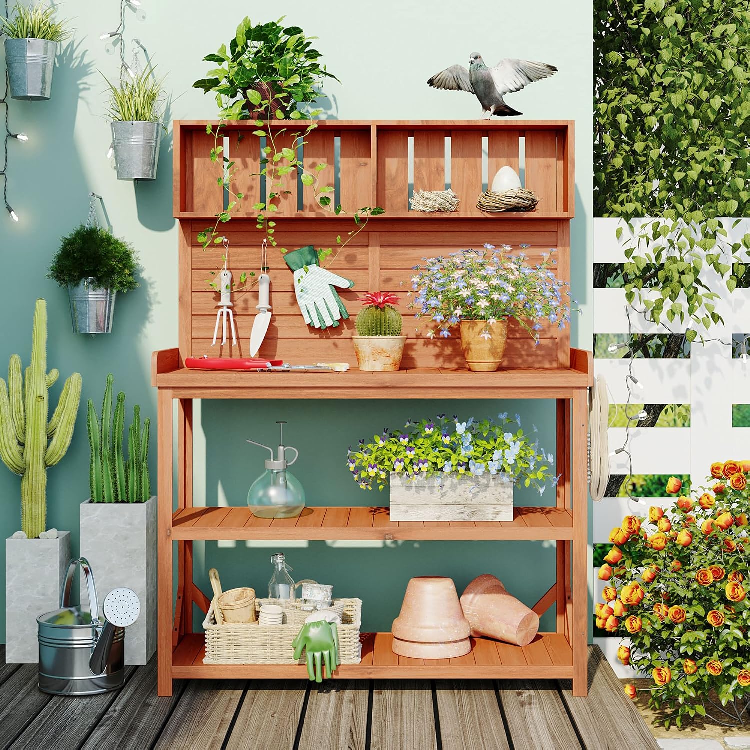 65' Large Outdoor Farmhouse Wooden Potting Bench Table, Patio Workstation with 4 Storage Shelves and Side Hook for Backyard, Mudroom Garden (Natural#3, 65')