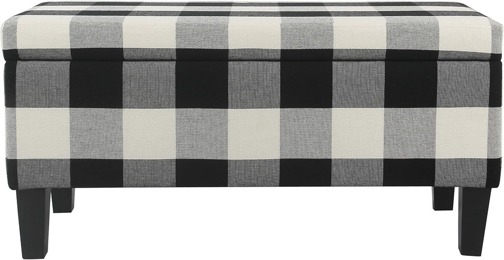 HomePop Large Upholstered Rectangular Storage Ottoman Bench with Hinged Lid, Black Buffalo Plaid