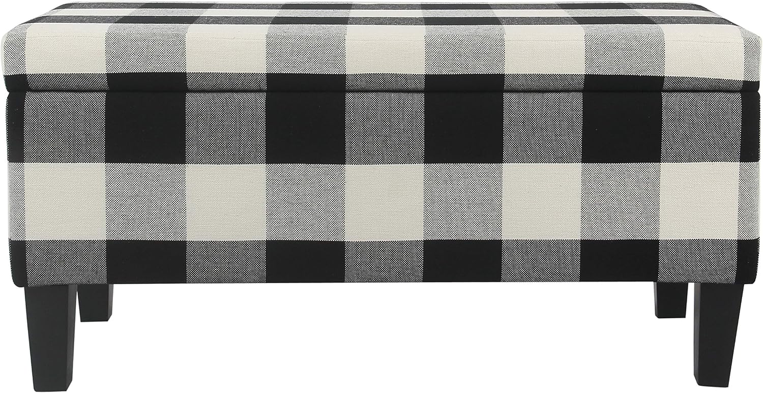 HomePop Large Upholstered Rectangular Storage Ottoman Bench with Hinged Lid, Black Buffalo Plaid