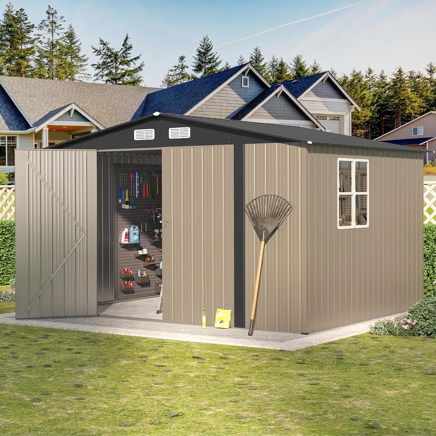 8×10 FT Metal Tool Storage Shed with Window, Weather Resistant Outdoor Storage Shed with Lockable Double Doors for Backyard, Patio Lawn, Garden