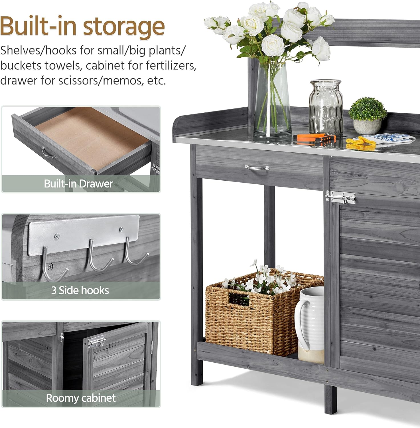 Topeakmart Garden Potting Bench Wooden Workstation Outdoor Wooden Potting Table W/Top Shelf & Lower Shelf & Cabinet Drawer & Open Shelf Gray