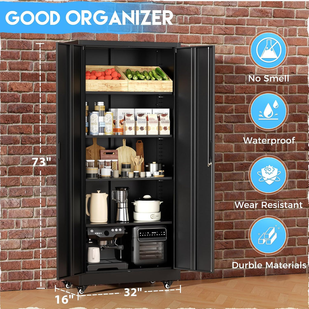 Greenvelly Metal Storage Cabinet with 4 Swivel Wheels,73' H Black Garage Storage Cabinet with Wheels, Rolling Tool Cabinet with Locking Doors and Shelves for Home,Basement, Kitchen Pantry,Warehouse