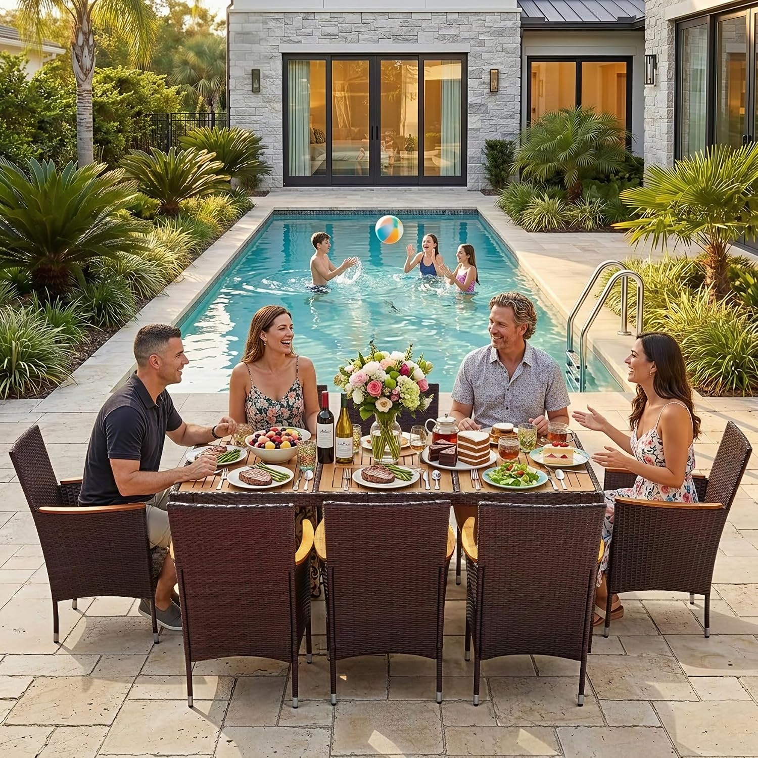 Greesum 9 Pieces Outdoor Patio Dining Set, Conversation Sets with 1 Table and 8 Rattan Chairs with Curved Acacia Wooden Armrests and Cushions, Brown