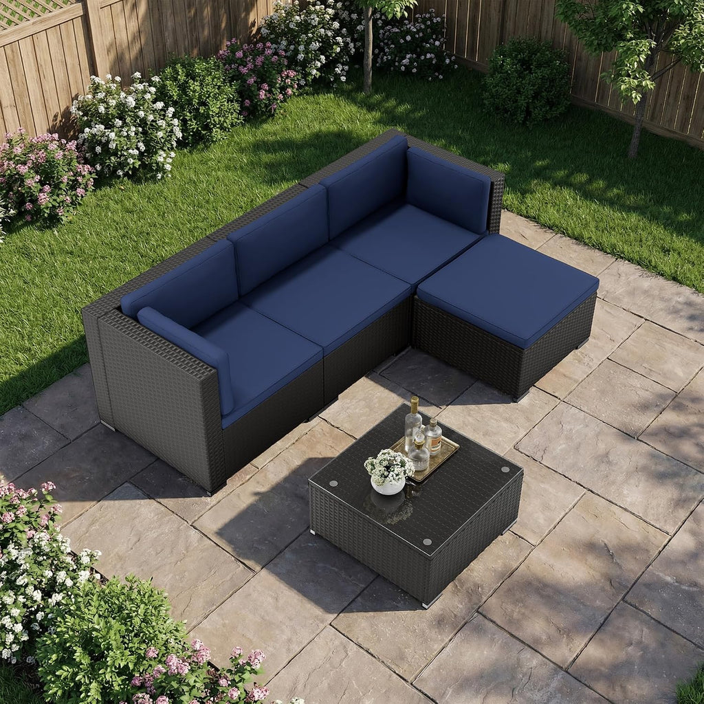 Oakcloud 5-Piece Outdoor Patio Furniture Sofa Set Black Rattan Wicker Sectional Conversation Sets with Glass Top Table and Cushions(Dark Blue)
