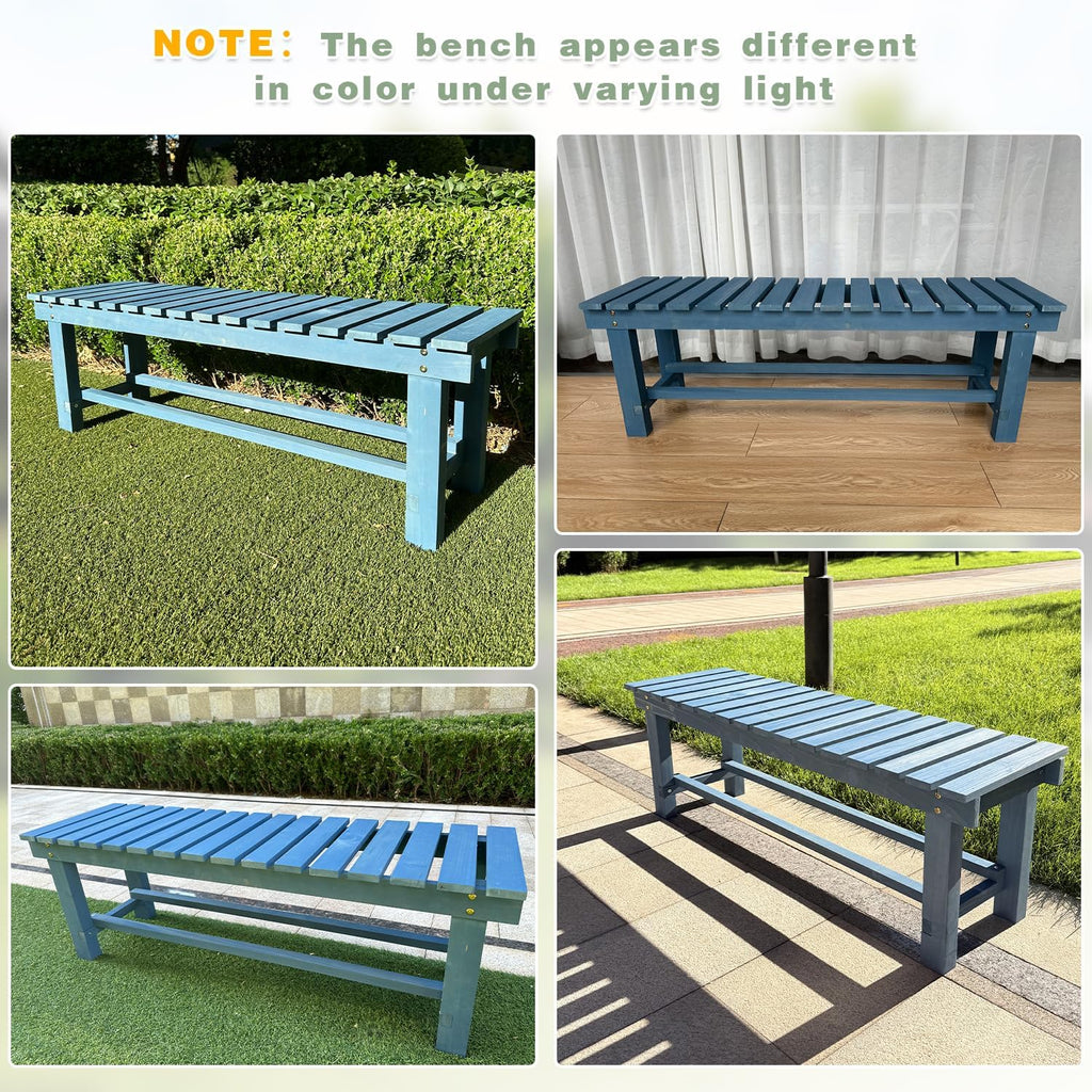 Outdoor Garden Wood Bench, 3-Person Weatherproof Wooden Bench Park Narrow Bench, Never Rot or Fade Waterproof Backless Bench for Entryway, Outdoor, Patio, Porch, Backyard and Park (Blue,47.2''/120cm)