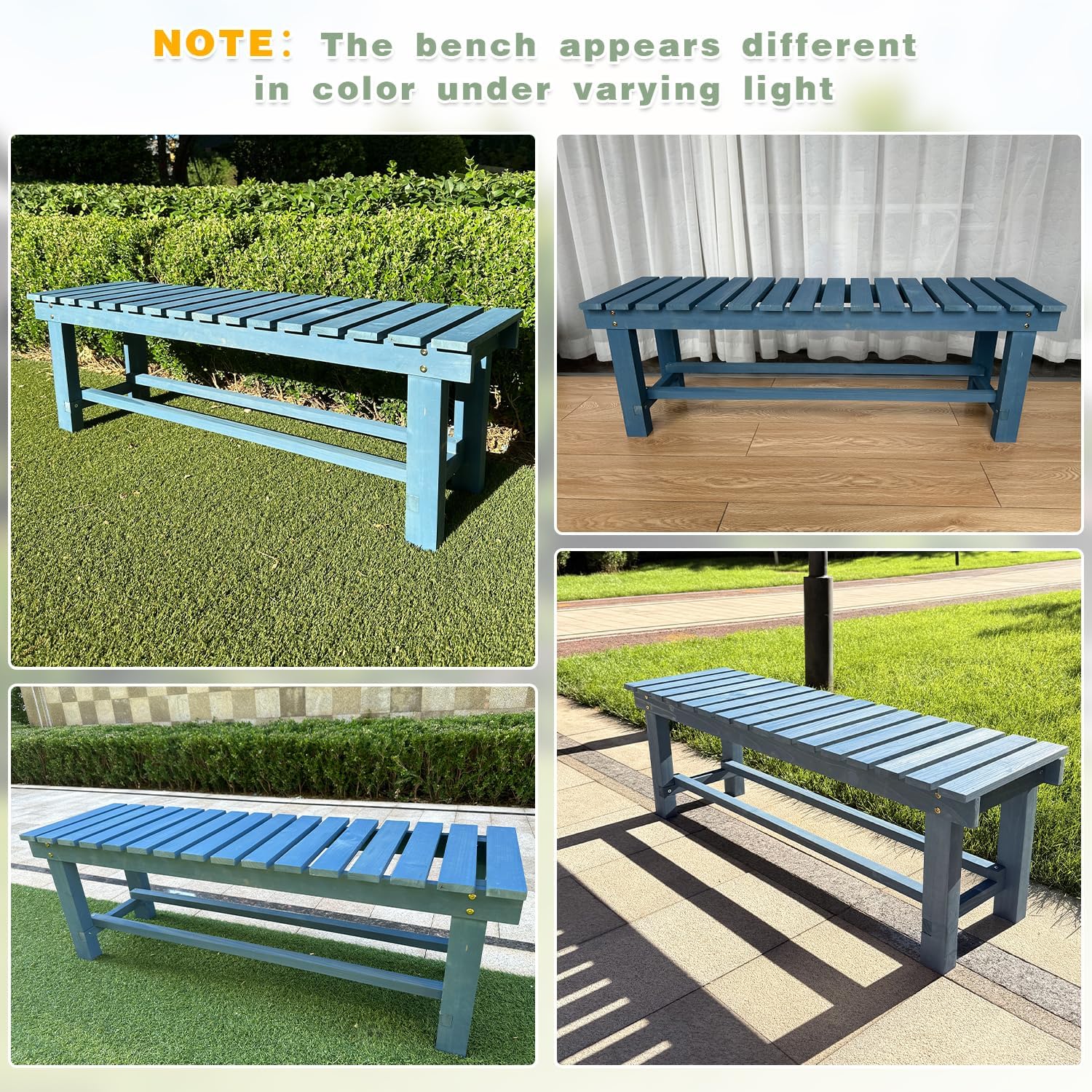 Outdoor Garden Wood Bench, 3-Person Weatherproof Wooden Bench Park Narrow Bench, Never Rot or Fade Waterproof Backless Bench for Entryway, Outdoor, Patio, Porch, Backyard and Park (Blue,47.2''/120cm)