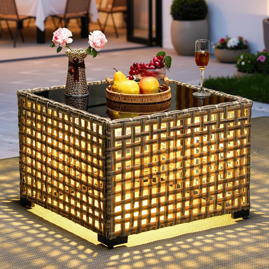 ovios Outdoor Side Table with Tempered Glass Top, Patio Wicker Rattan Solar Lights Tables for All-Weather Porch Deck Balcony Garden Poolside (Mixed Brown-Medium Size)