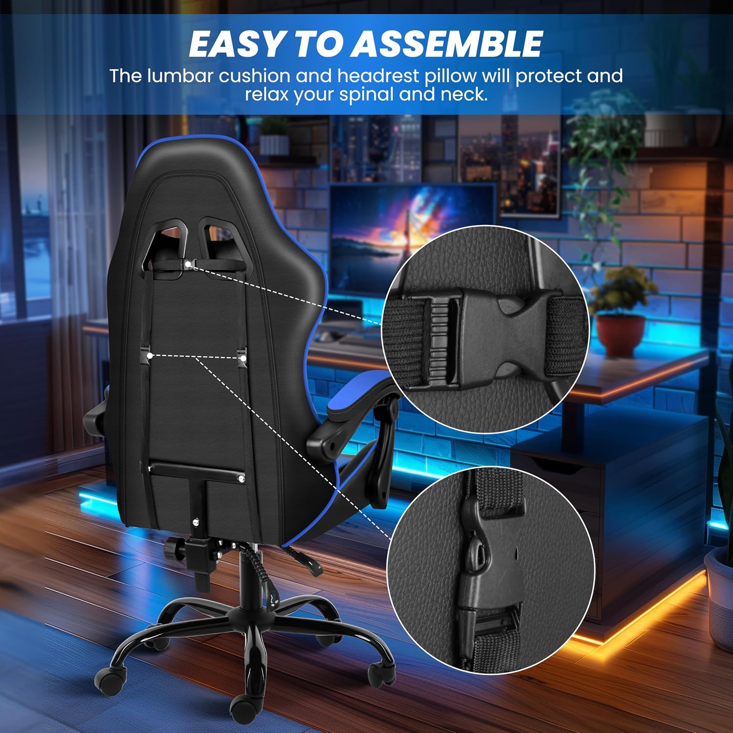 YSSOA Gaming Chair, Computer Chair with Footrest, Height Adjustable & 90°-135° Tilt Function, Swivel Recliner Ergonomic Racing Style Video Game Chair with Lumbar Support (Black/Blue)
