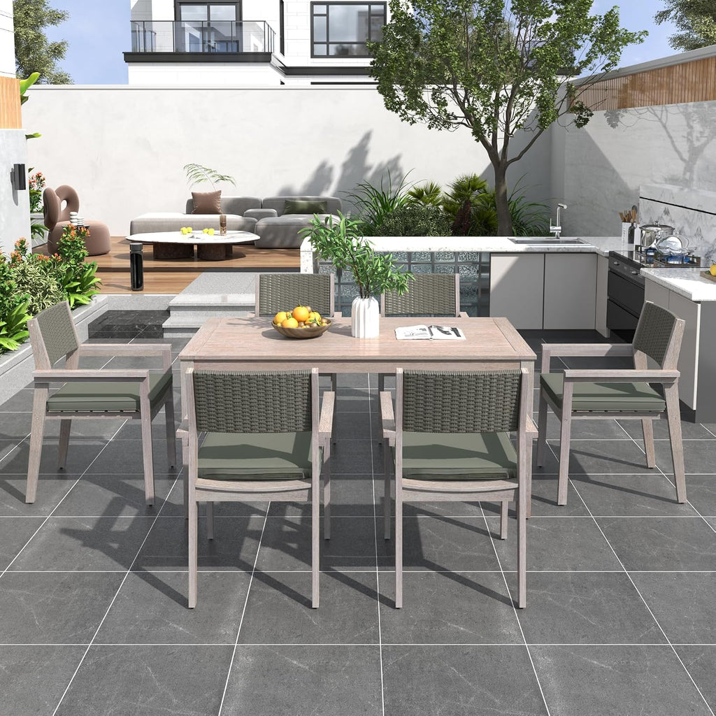 7 Piece Patio Dining Sets, Outdoor Acacia Wood Table and Wicker Back Chairs with Cushions, All Weather Patio Furniture Set for Lawn, Porch, Deck, Yard & Poolside