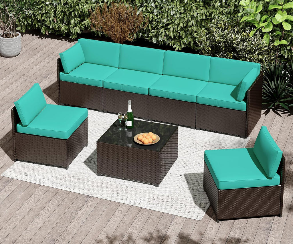 LHBcraft 7 Piece Patio Furniture Set, Outdoor Furniture Patio Sectional Sofa, All Weather PE Rattan Outdoor Sectional with Cushion and Coffee Table
