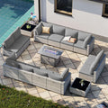 15-Piece Patio Furniture Set, Outdoor Patio Furniture with 55,000 BTU Fire Pit Table, Thick Cushions, Modular Patio Sofa, Dual-Strand Wicker Rattan, Rust-Resistant Frame, Grey