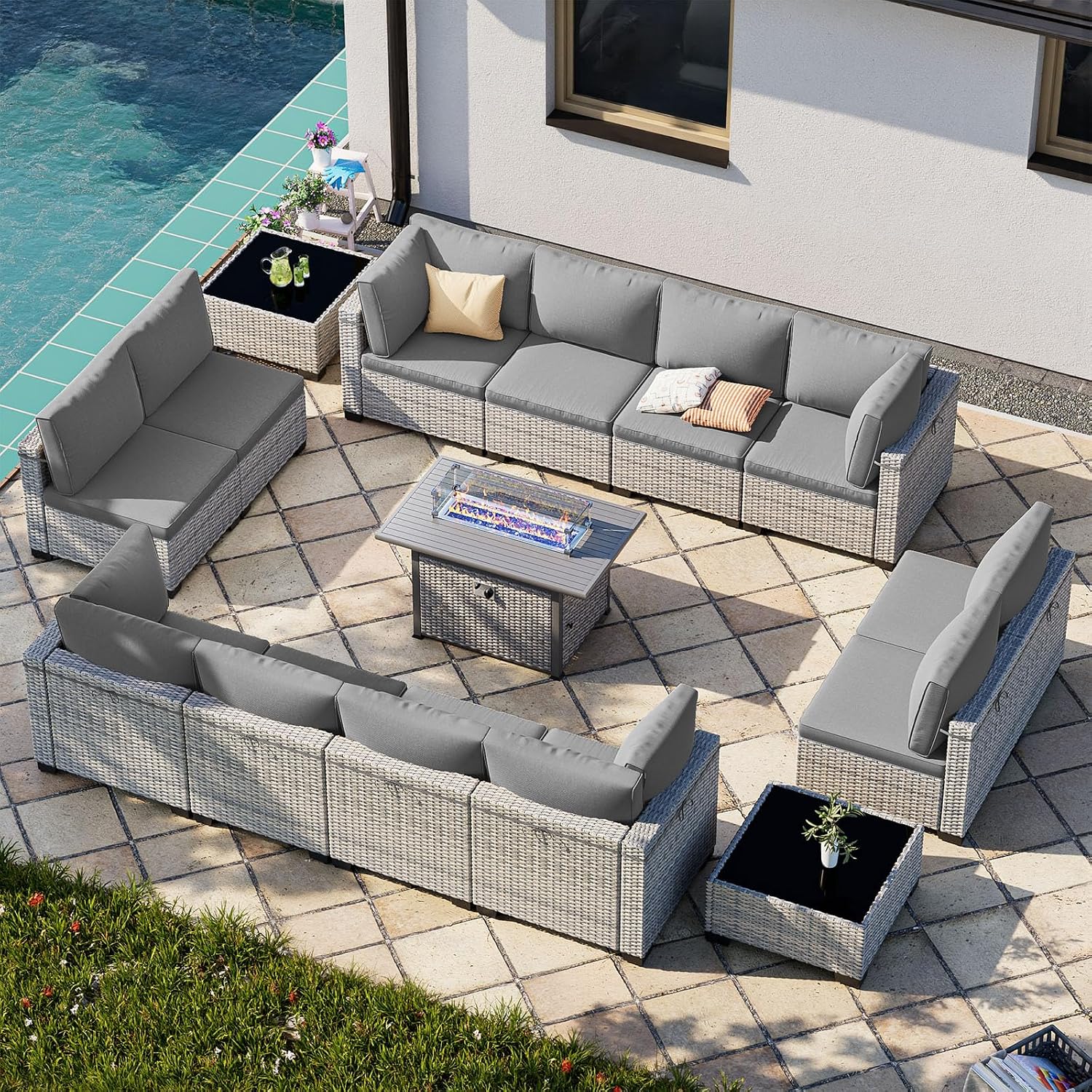 15-Piece Patio Furniture Set, Outdoor Patio Furniture with 55,000 BTU Fire Pit Table, Thick Cushions, Modular Patio Sofa, Dual-Strand Wicker Rattan, Rust-Resistant Frame, Grey