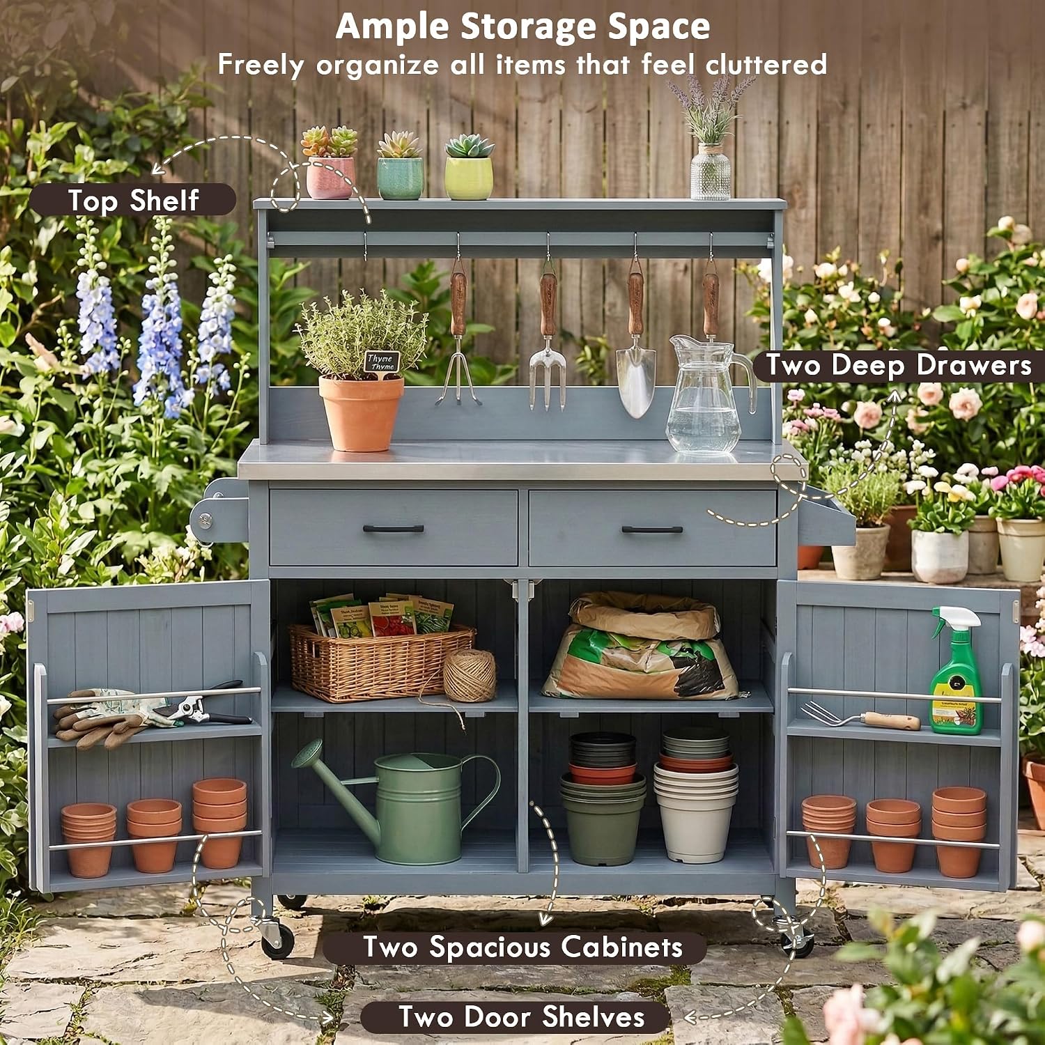 LUMISOL Grill Cart with Stainless Steel Top & High Shelf, Outdoor Solid Wood Kitchen Island with Lockable Wheels, Large Potting Bench Table with Storage Cabinet & Towel Rack, Grey+Blue