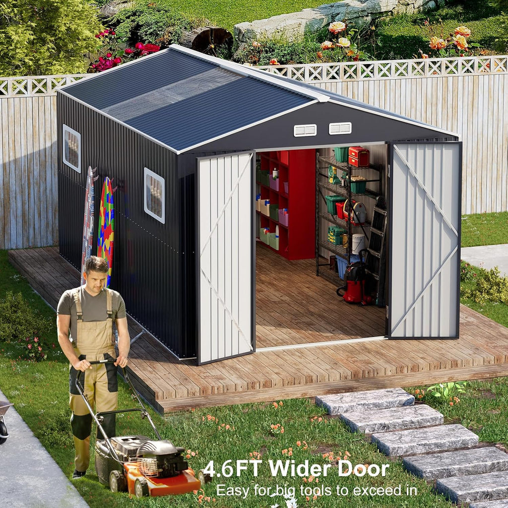 Restland 10x12 FT Outdoor Storage Shed with Floor Base Frame Metal Garden Shed with Clear Roof, Air Vent & Lockable Door Large Tool Storage House for Backyard, Garden, Lawn
