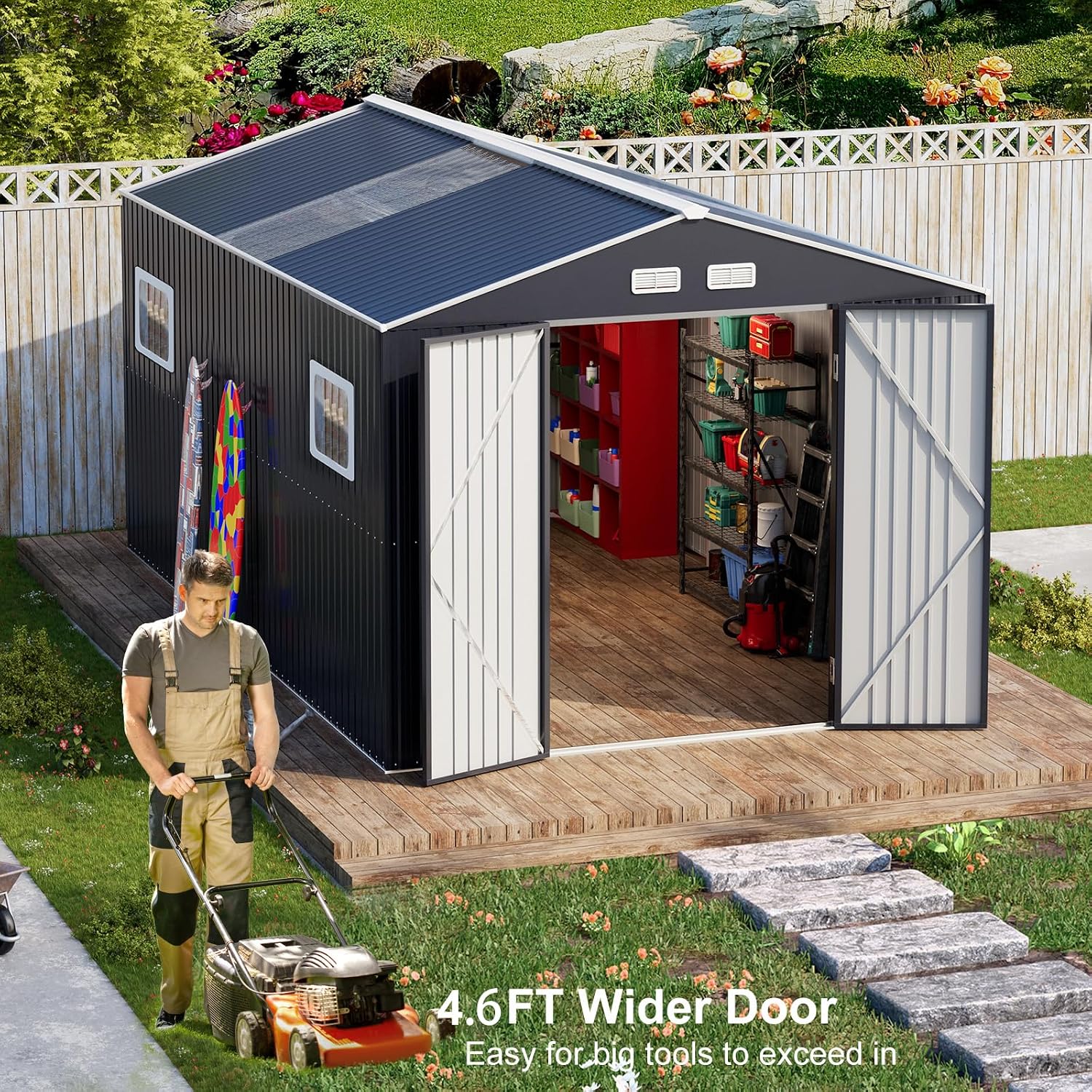 Restland 10x12 FT Outdoor Storage Shed with Floor Base Frame Metal Garden Shed with Clear Roof, Air Vent & Lockable Door Large Tool Storage House for Backyard, Garden, Lawn