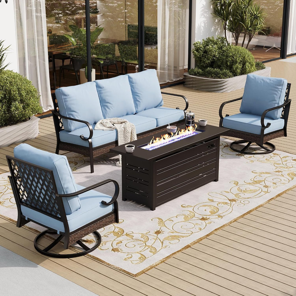 SUNSHINE VALLEY 4 Piece Black Metal Outdoor Patio Furniture Sets with Firepit Table, Patio Conversation Sets 1 3-Seater Sofa, 2 Swivel Sofa with 5.75' Thick Cushion Backyard Furniture for Deck, Blue