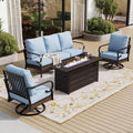 SUNSHINE VALLEY 4 Piece Black Metal Outdoor Patio Furniture Sets with Firepit Table, Patio Conversation Sets 1 3-Seater Sofa, 2 Swivel Sofa with 5.75' Thick Cushion Backyard Furniture for Deck, Blue