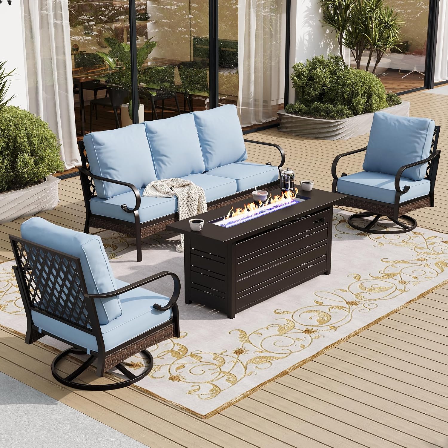 SUNSHINE VALLEY 4 Piece Black Metal Outdoor Patio Furniture Sets with Firepit Table, Patio Conversation Sets 1 3-Seater Sofa, 2 Swivel Sofa with 5.75' Thick Cushion Backyard Furniture for Deck, Blue