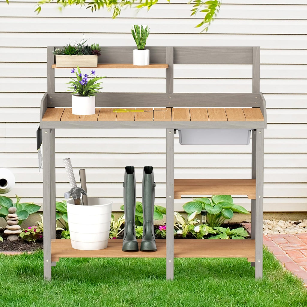 Wooden Potting Bench Table with Sink, Outdoor Garden Table Work Bench with Shelf, Workstation for Outside Patio Lawn