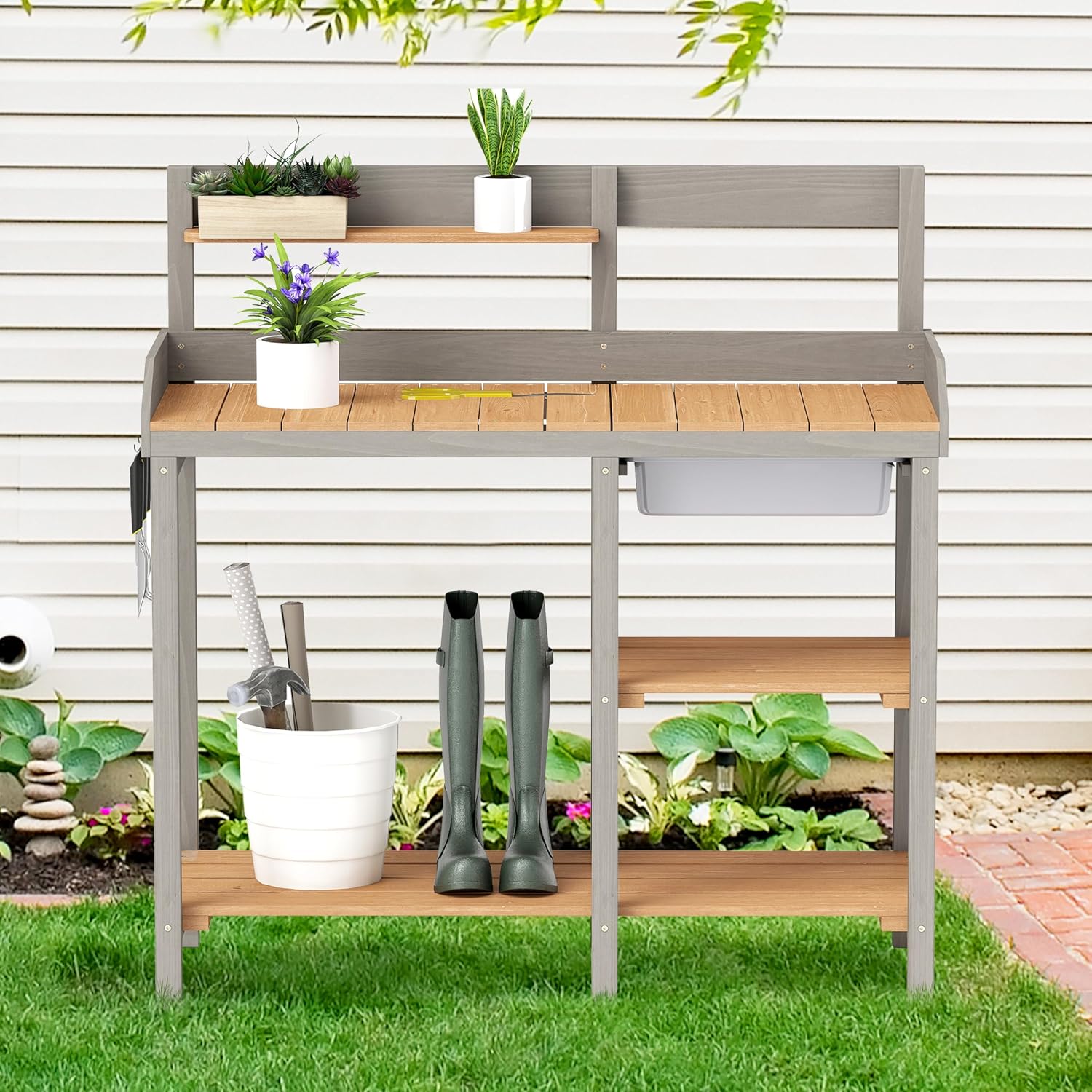 Wooden Potting Bench Table with Sink, Outdoor Garden Table Work Bench with Shelf, Workstation for Outside Patio Lawn