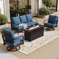 SUNSHINE VALLEY 4 Piece Black Metal Outdoor Patio Furniture Sets with Firepit Table, Patio Conversation Sets 1 3-Seater Sofa, 2 Swivel Sofa with 5.75' Thick Cushion Backyard Furniture for Deck, Blue-2