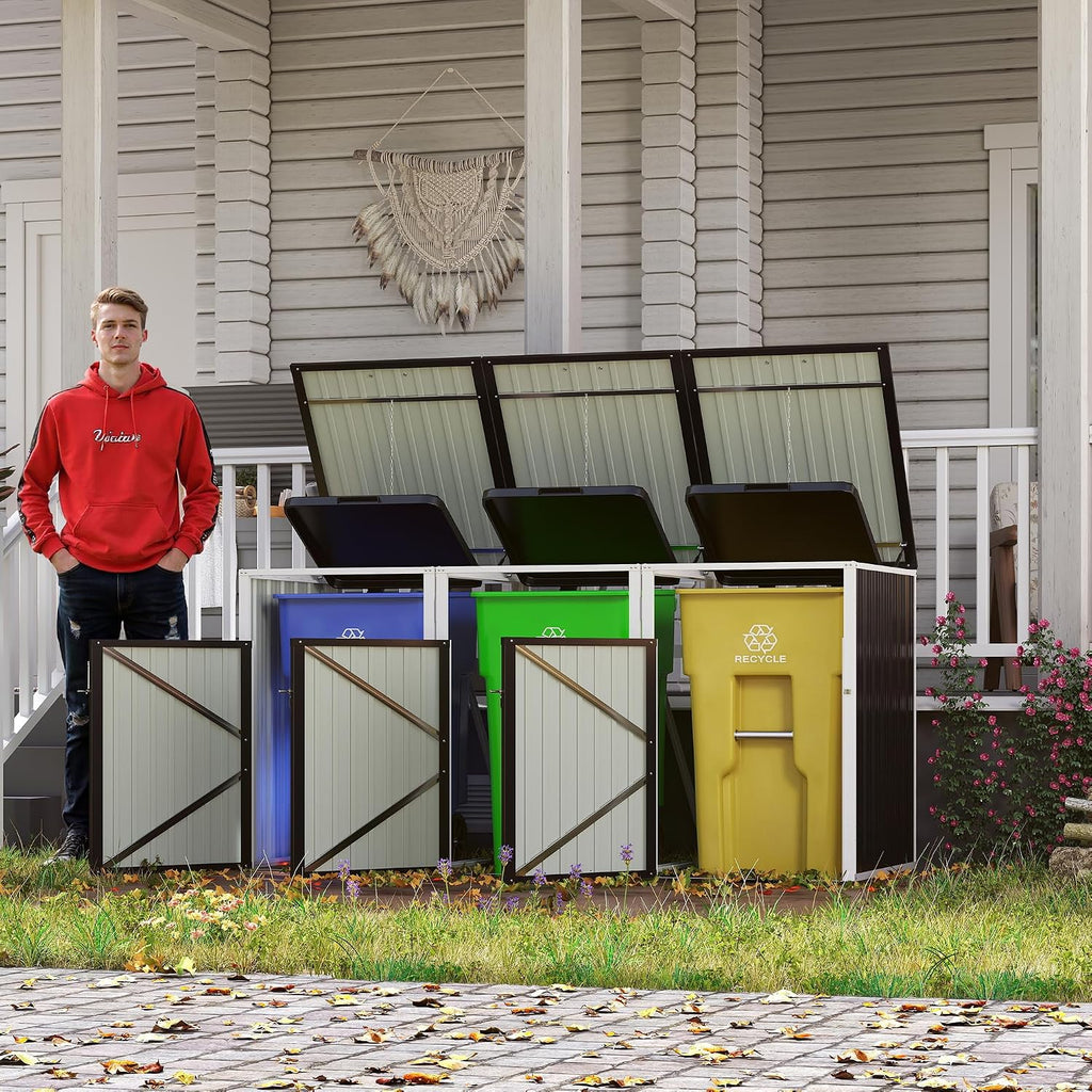Montary 85 CU.FT Metal Outdoor Garbage Bin Storage Shed with Chain Lid, Waterproof Trash Can Organizer for 3 Bins, Garden Tools for Garden Yard Lawn, Dark Grey