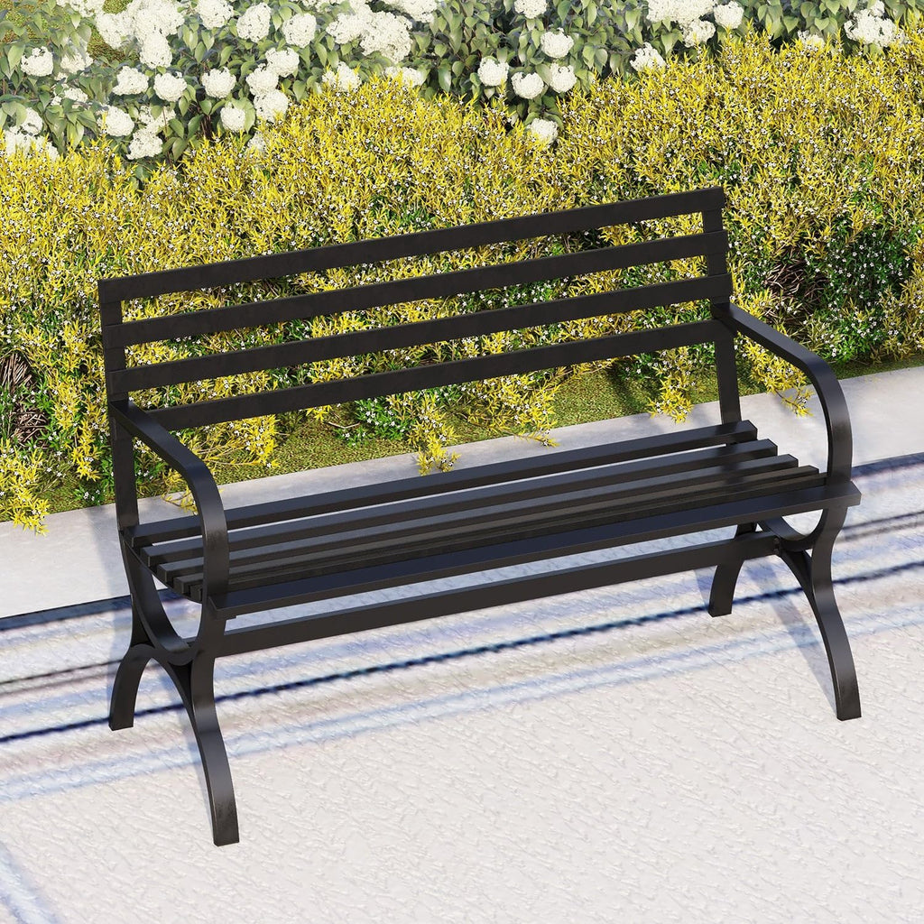 PHI VILLA Outdoor Garden Bench, 48' Long Metal Steel Bench with Backrest and Armrests, Modern Slatted Design for Patio, Lawn, Yard, Porch - Black