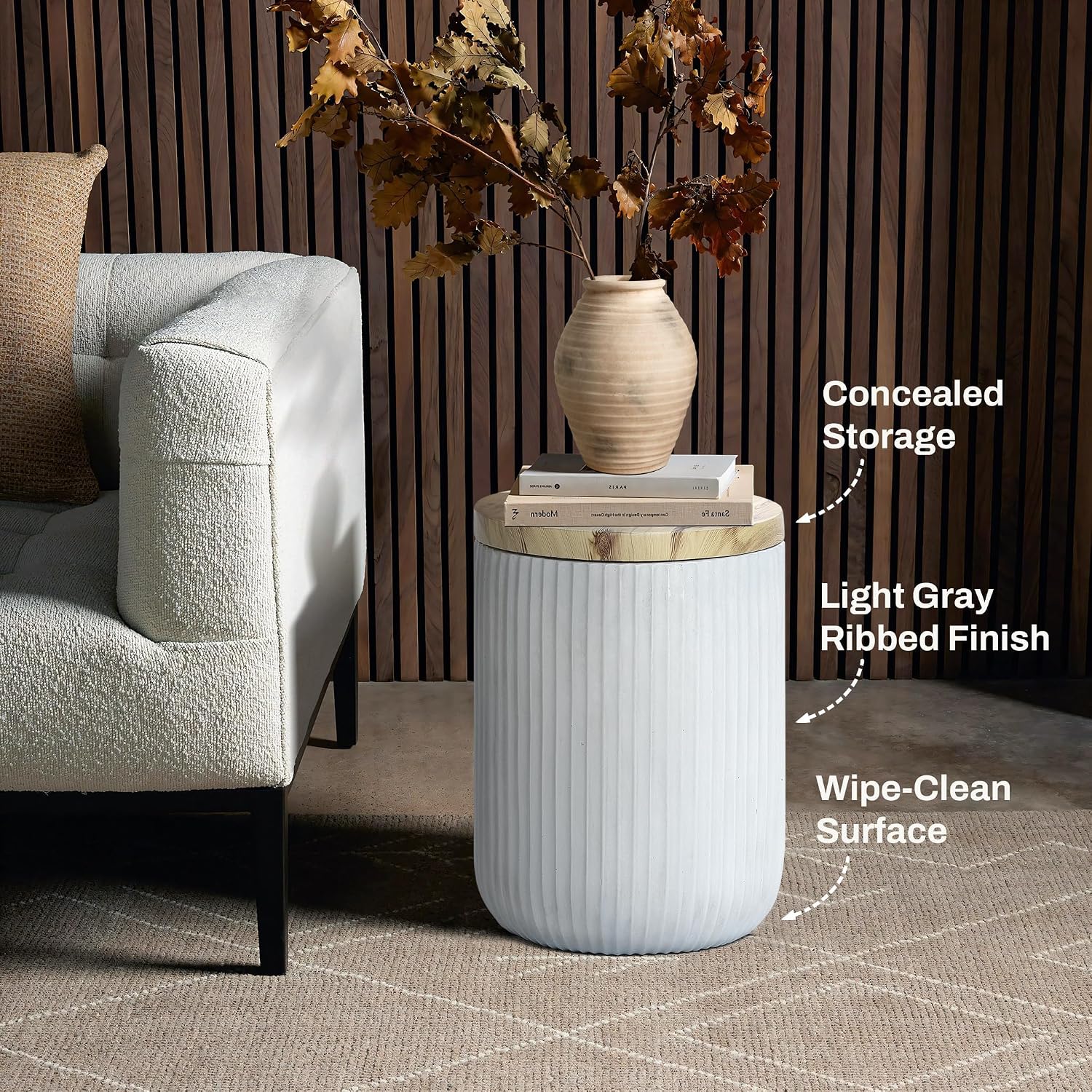 LuxenHome 18' Outdoor Side Table with Storage, Cement Patio End Table with Wood Finish Lid, Accent Table for Patio, Porch, Poolside, Backyard, Outside, Indoor, Garden Stool, Drum, Plant Stand
