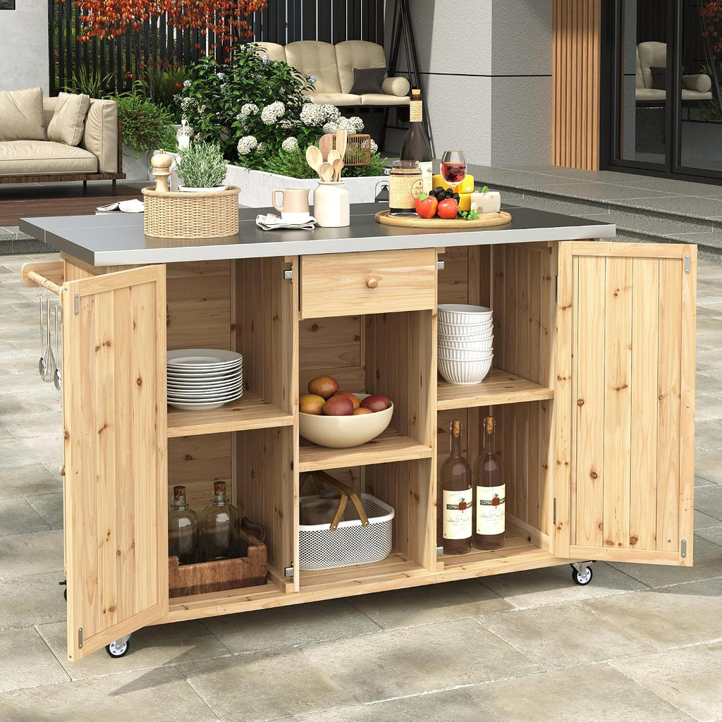 LUMISOL Outdoor Grill Table with Stainless Steel Top, Farmhouse Fir Wood Outdoor Kitchen Island with Ample Storage Space, Rolling Bar Cart with Spice & Towel Rack, and Bottle Opener, Natural