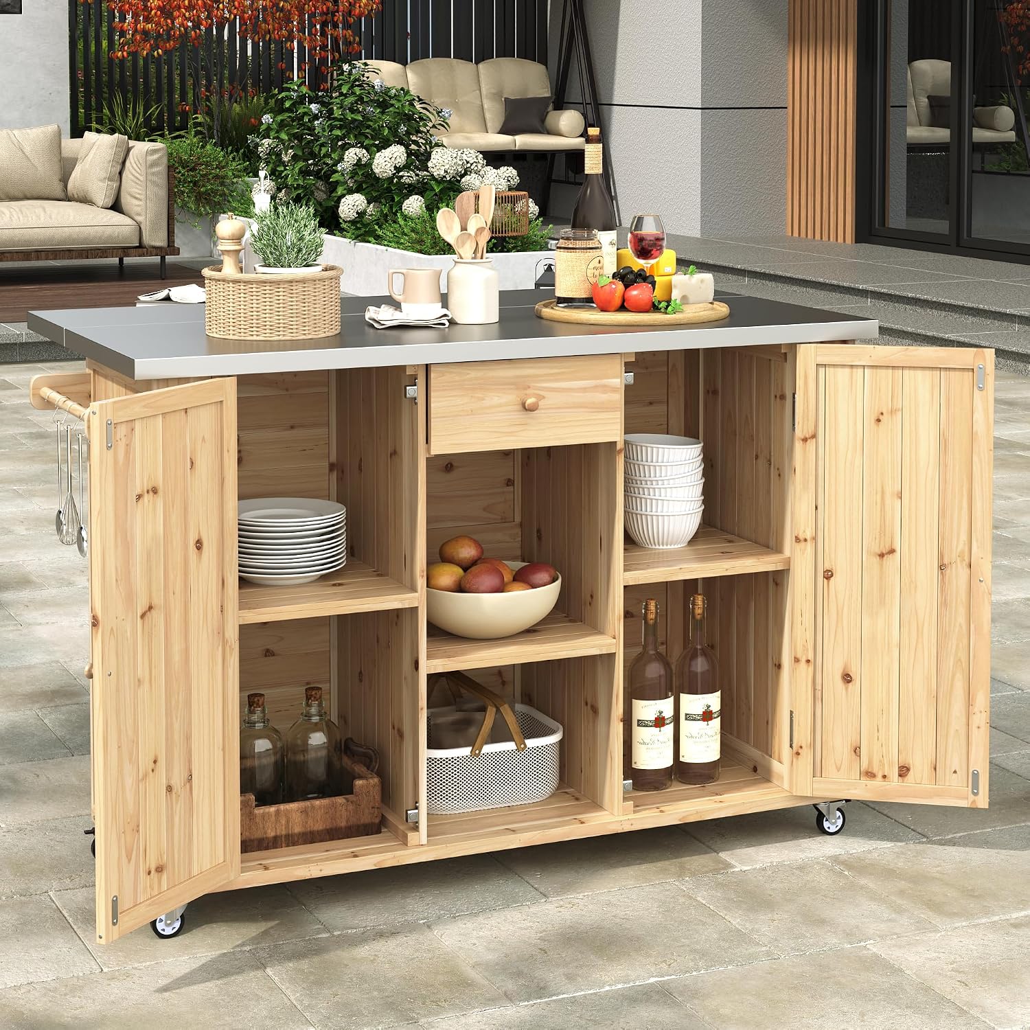 LUMISOL Outdoor Grill Table with Stainless Steel Top, Farmhouse Fir Wood Outdoor Kitchen Island with Ample Storage Space, Rolling Bar Cart with Spice & Towel Rack, and Bottle Opener, Natural