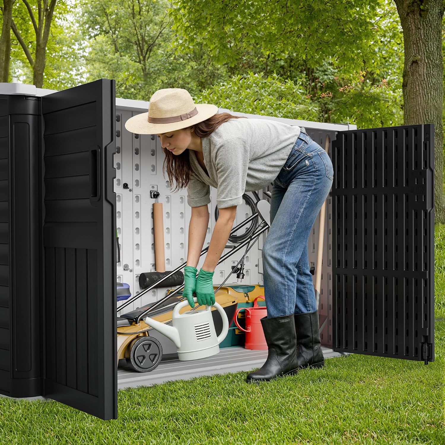 JUMMICO Resin Outdoor Storage Shed, 34 Cu Ft Horizontal Storage Cabinet for Trash Cans, Garden Tools, Pool Supplies (Black)