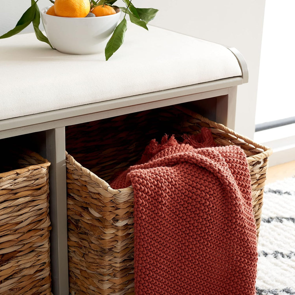 SAFAVIEH Home Collection – Freddy Vintage Grey Storage Bench with Wicker Baskets & Cushion, Entryway Seating Bench, Fully Assembled (AMH5736F)