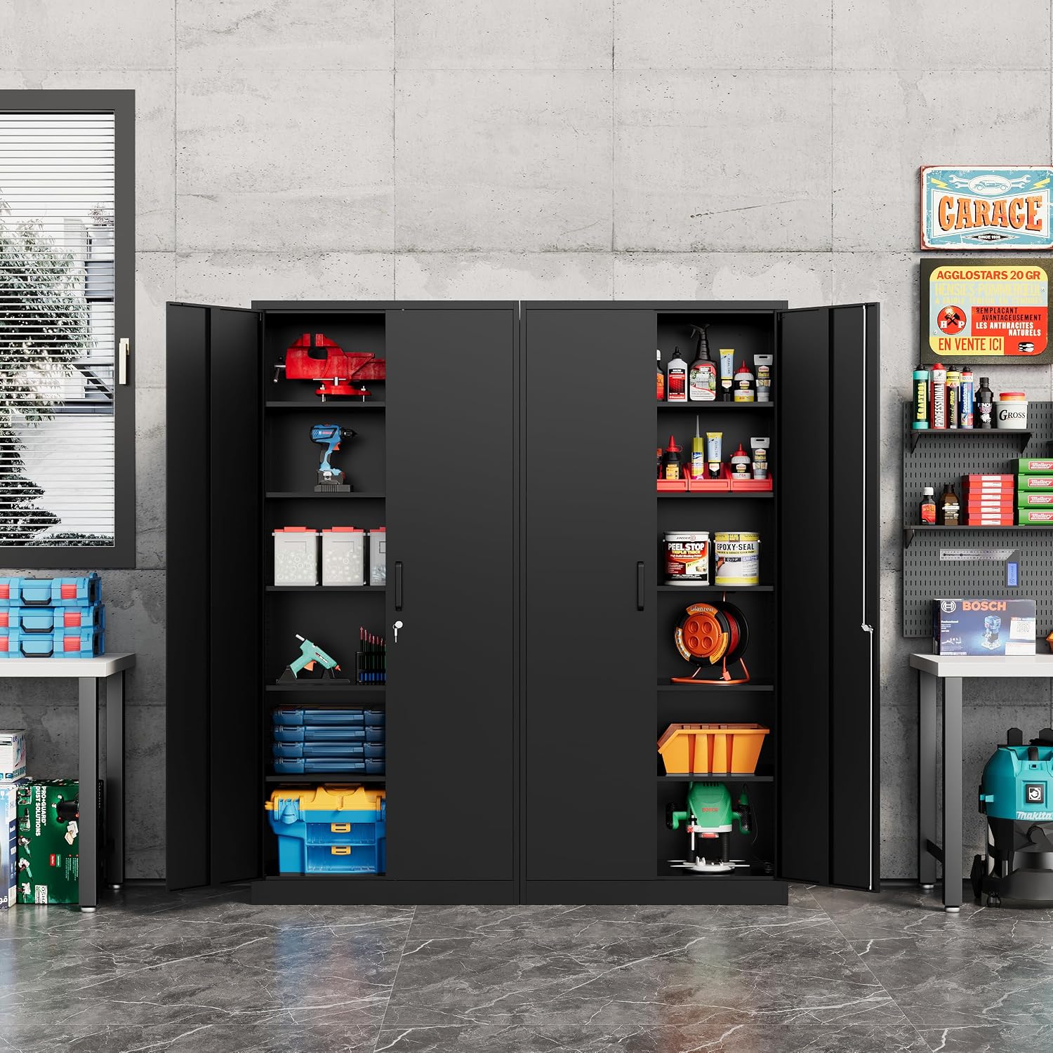 Fesbos Metal Storage Cabinet-72' Tall Steel File Cabinet with Lockable Doors and Adjustable Shelves-Black Steel Storage Cabinet for Home, School, Office, Garage