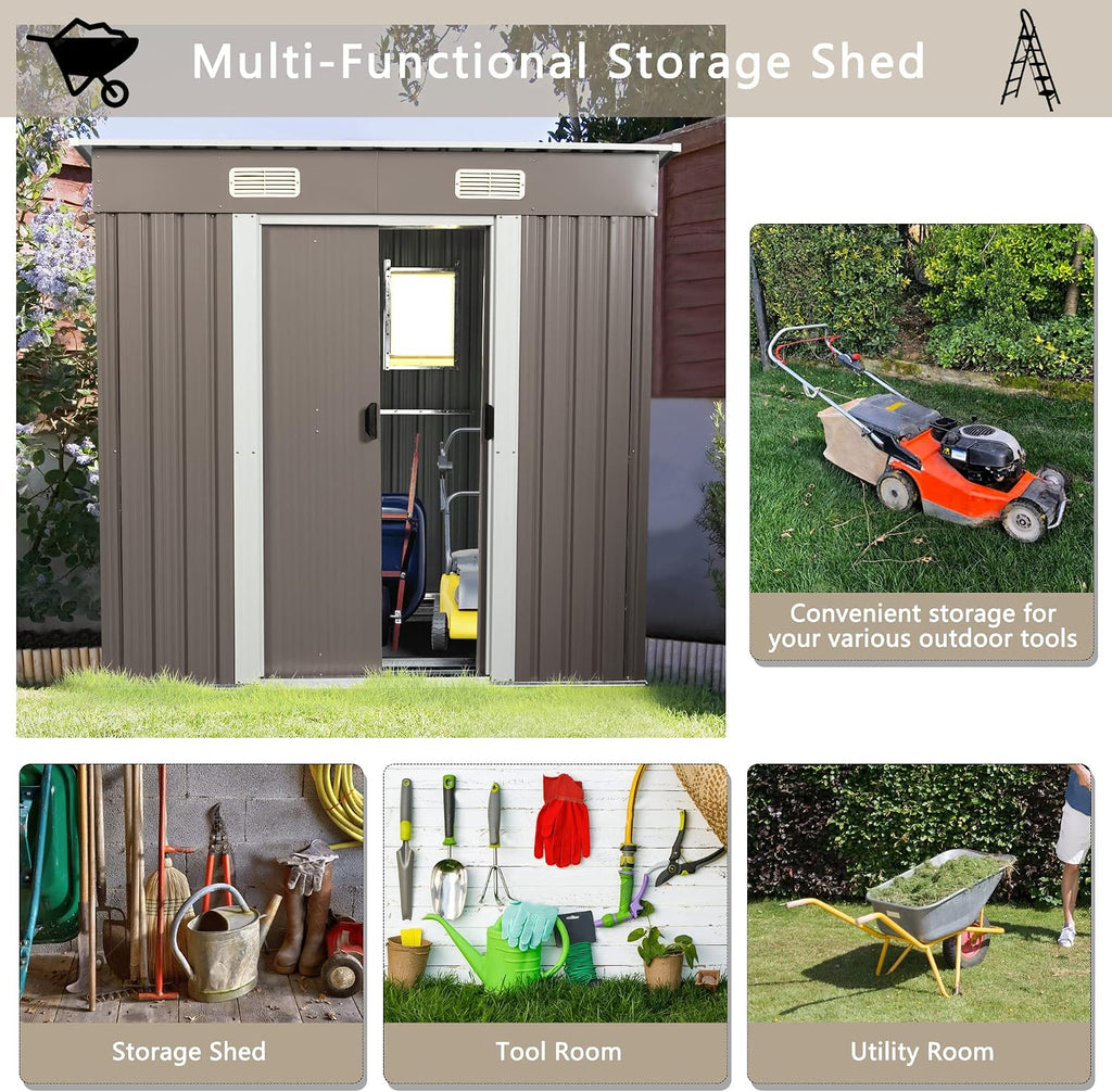 JT 6.4X4FT Outdoor Storage Shed with Metal Foundation, Sliding Doors and Window,Waterproof Tool Storage Shed for Patio Lawn Backyard (Gray-with The Window-6.4ftx4ft)