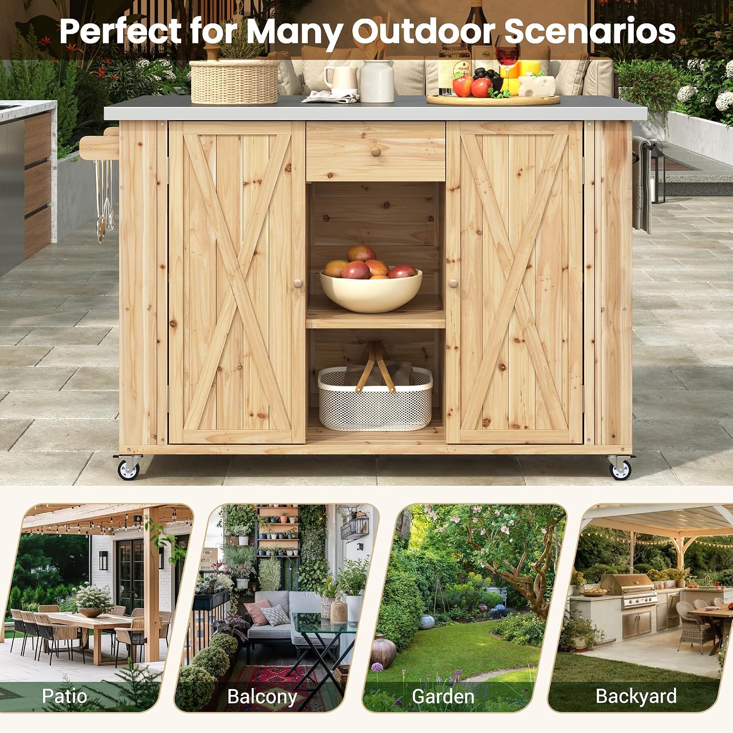 LUMISOL Outdoor Grill Table with Stainless Steel Top, Farmhouse Fir Wood Outdoor Kitchen Island with Ample Storage Space, Rolling Bar Cart with Spice & Towel Rack, and Bottle Opener, Natural