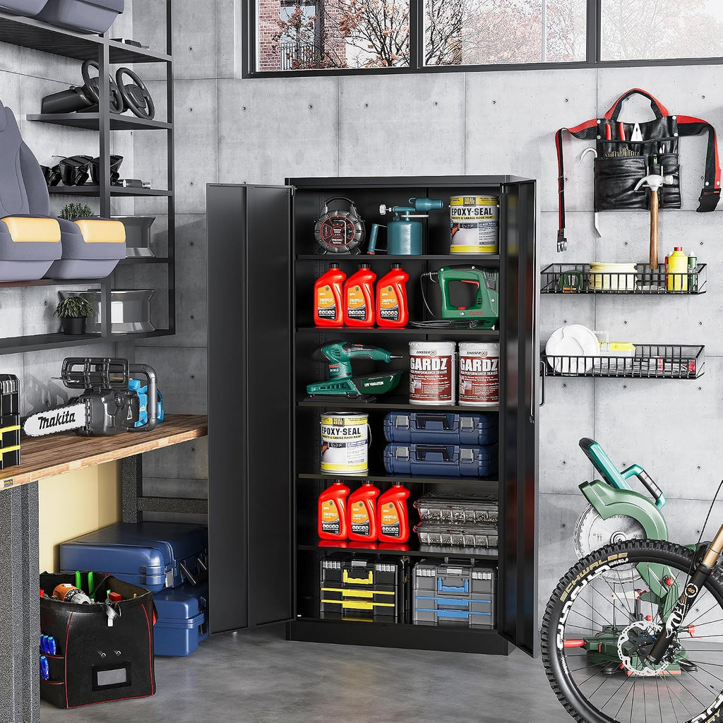 STANI Metal Garage Storage Cabinet with Lock, 71' Steel Lockable File Cabinet, Locking Steel Storage Cabinet with 5 Adjustable Shelves for Home, Office, Warehouse, Garage, School (Black)