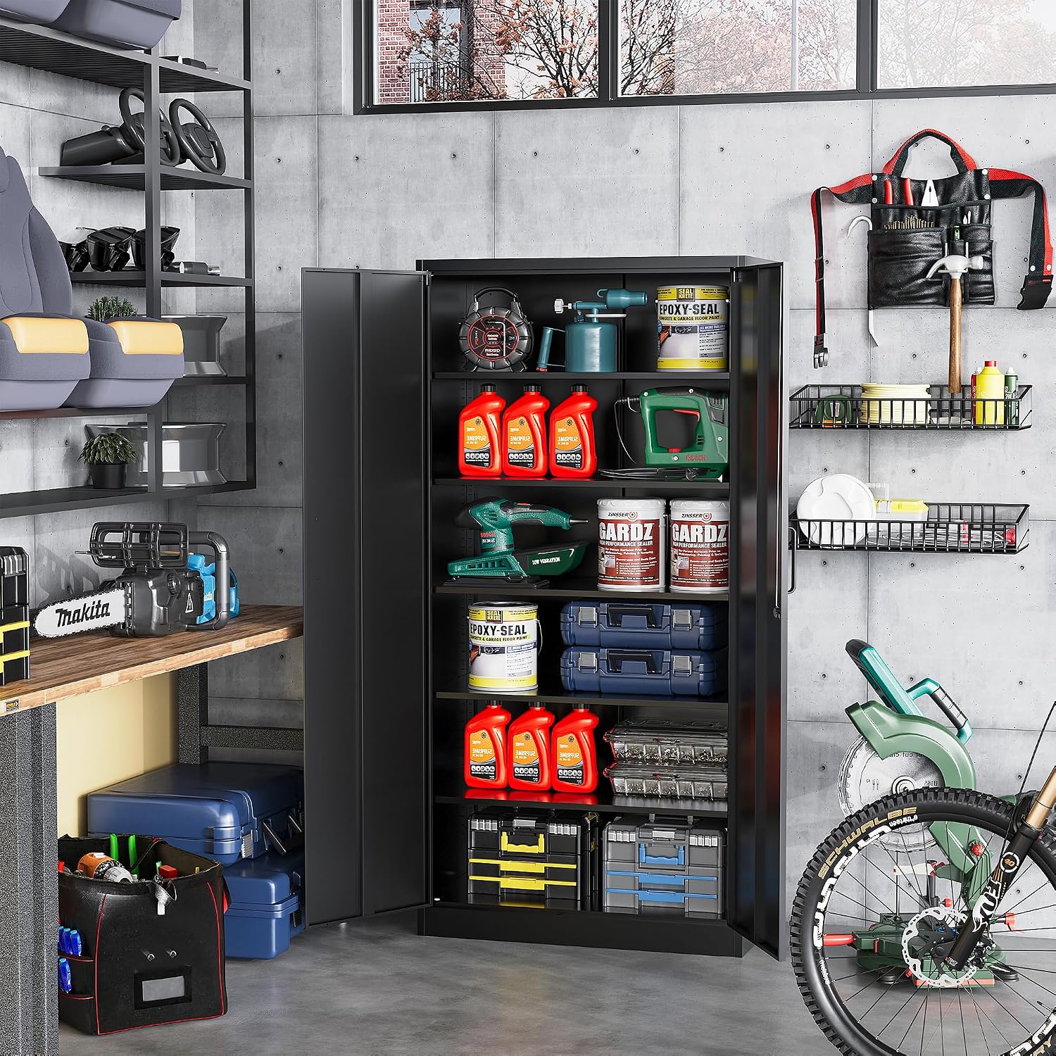 STANI Metal Garage Storage Cabinet with Lock, 71' Steel Lockable File Cabinet, Locking Steel Storage Cabinet with 5 Adjustable Shelves for Home, Office, Warehouse, Garage, School (Black)