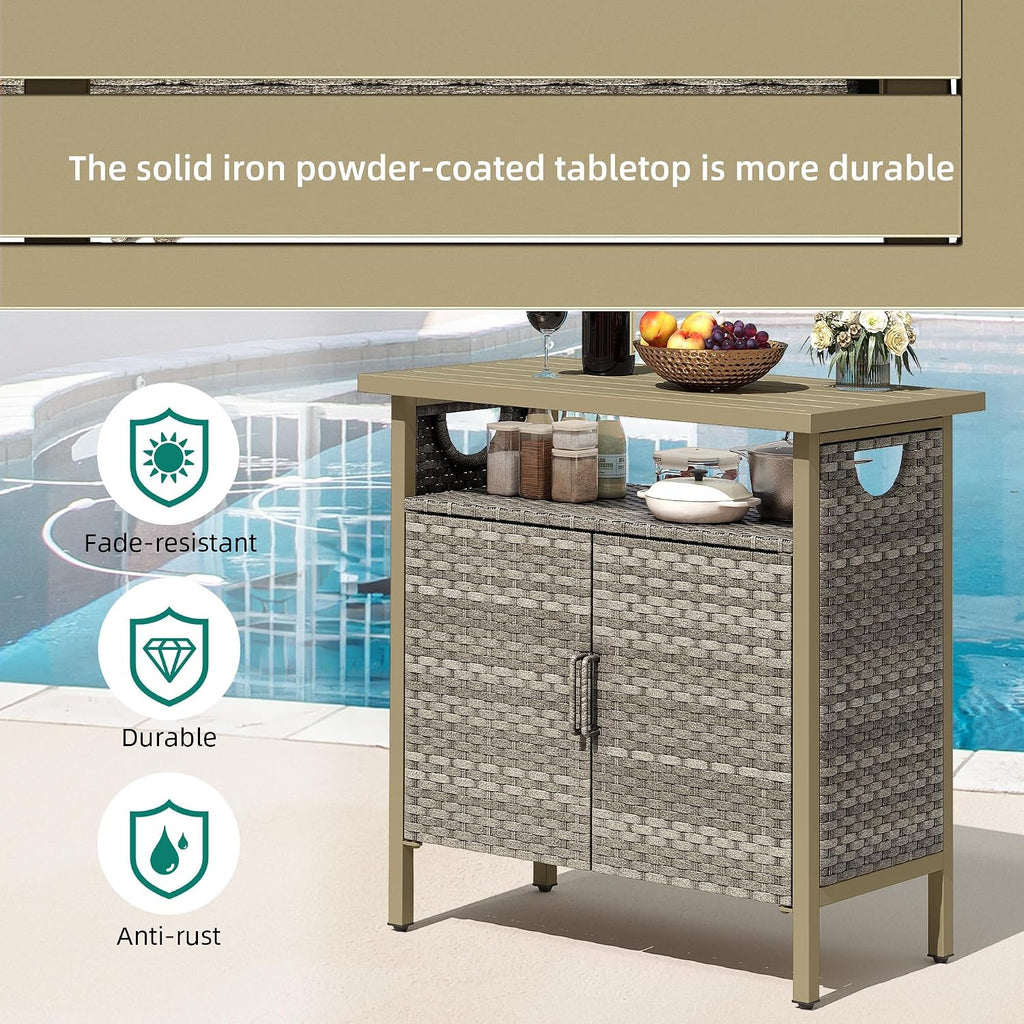 YITAHOME Outdoor Storage Cabinet, Patio Deck Bench Storage Table, Wicker Storage Console Bench for Outdoor Cushions, Pool Tool and Garden Potting, Brown