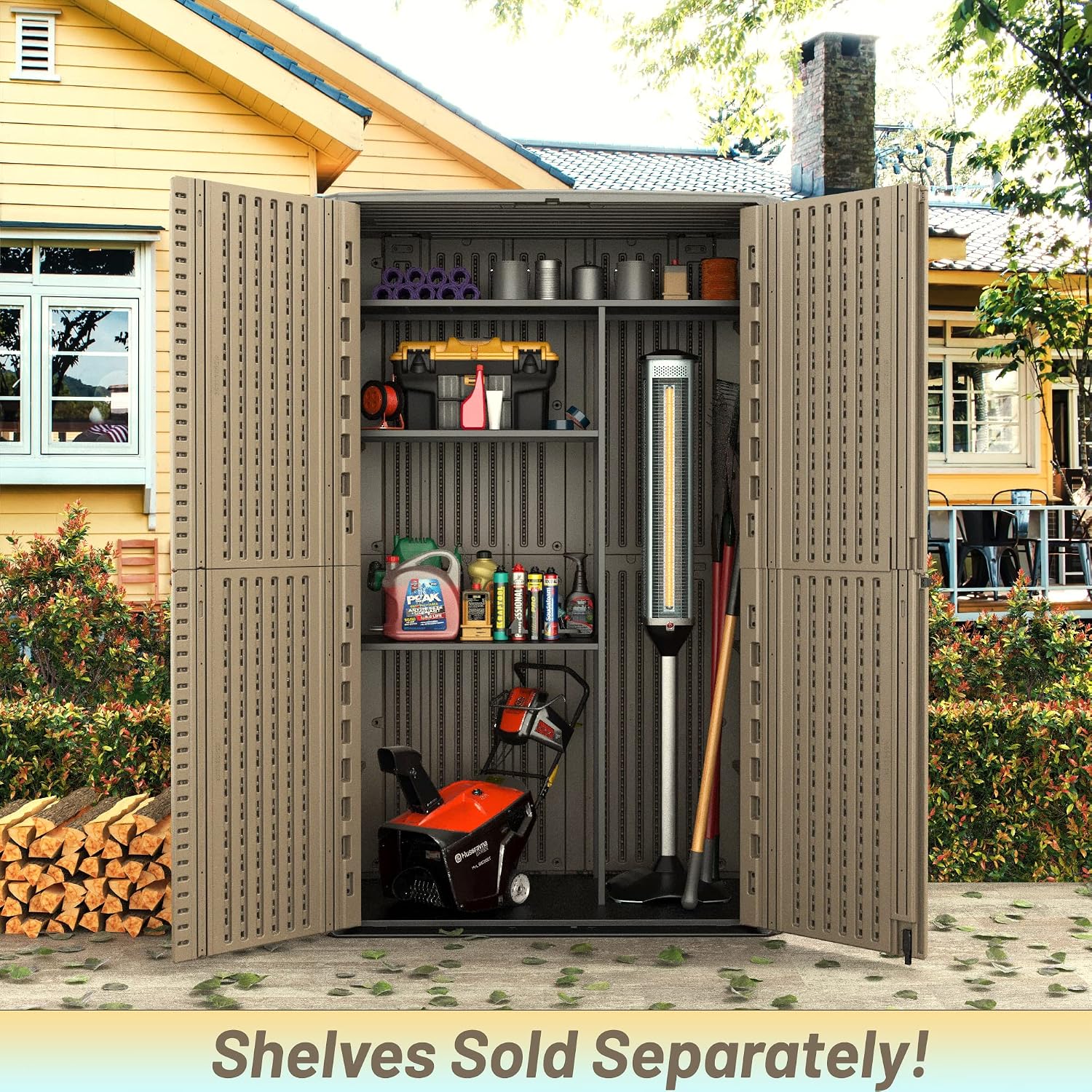 ADDOK Outdoor Storage Sheds Waterproof,Resin Outdoor Storage Cabinet Lockable, Double-Layer Storage Shed for Patios/Generator/Long-Handled Tools