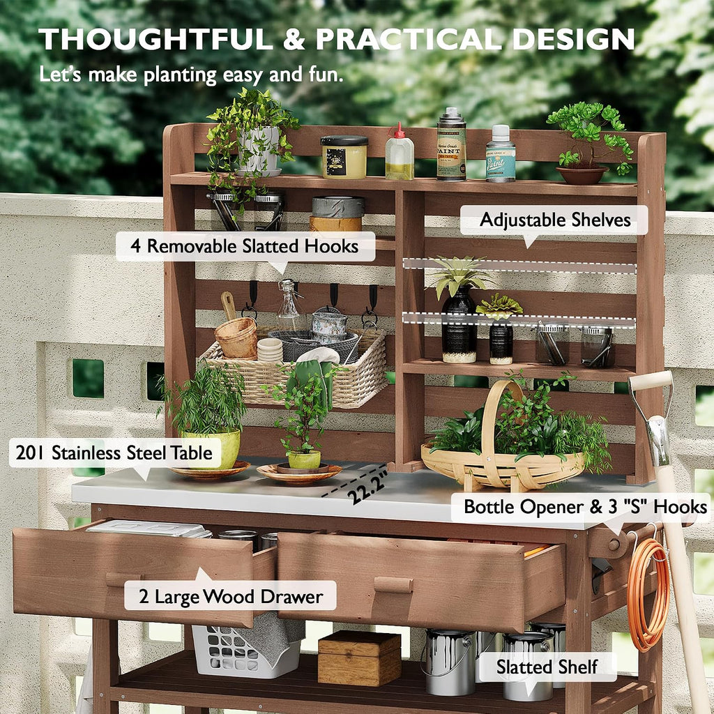 LUMISOL Outdoor Potting Bench Table with Upper Hutch, Solid Wood Outdoor Kitchen Island with Lockable Wheels & Stainless Steel Top, 64.9' H Rolling Grill Cart & Storage Cabinet with Towel Rack, Brown