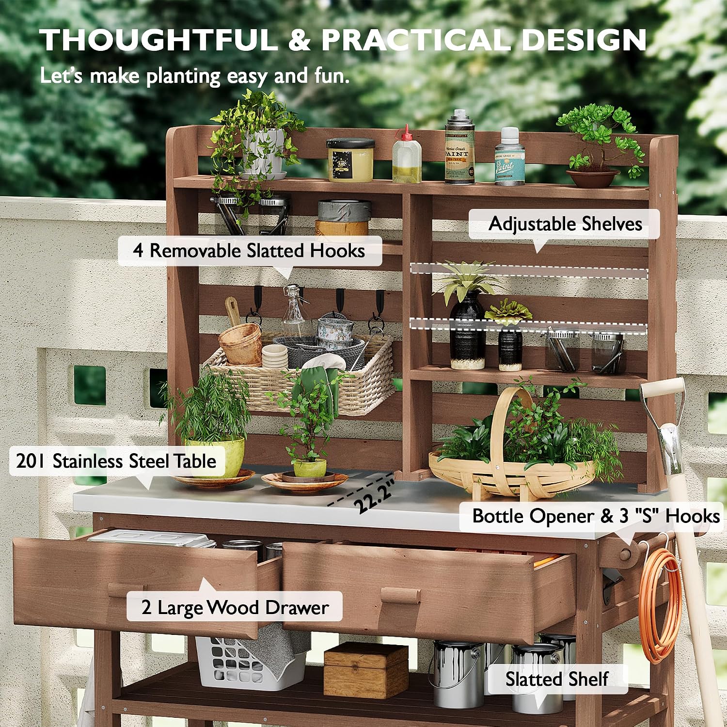 Outdoor Potting Bench Table on Wheels, Solid Wood Storage Island Gardening Workbench with Upper Hutch, Stainless Steel Top, Towel Rack for Outside Garden, Patio, Greenhouse, Brown