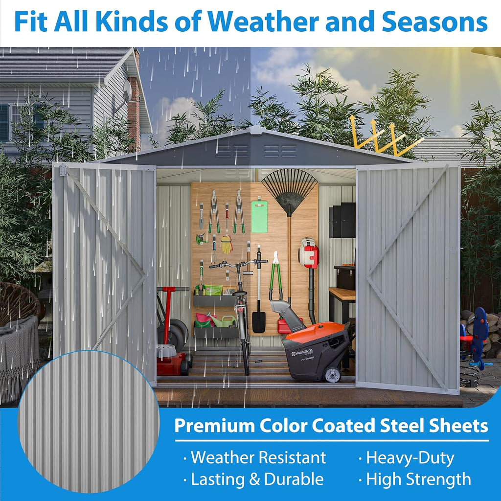 10x8 ft Outdoor Storage shed All Weather Metal Garden shed with Lockable Double Doors Tool Storage for Backyard Patio Lawn and Garden Organization Large Capacity (8x6 ft Grey with Floor Frame)