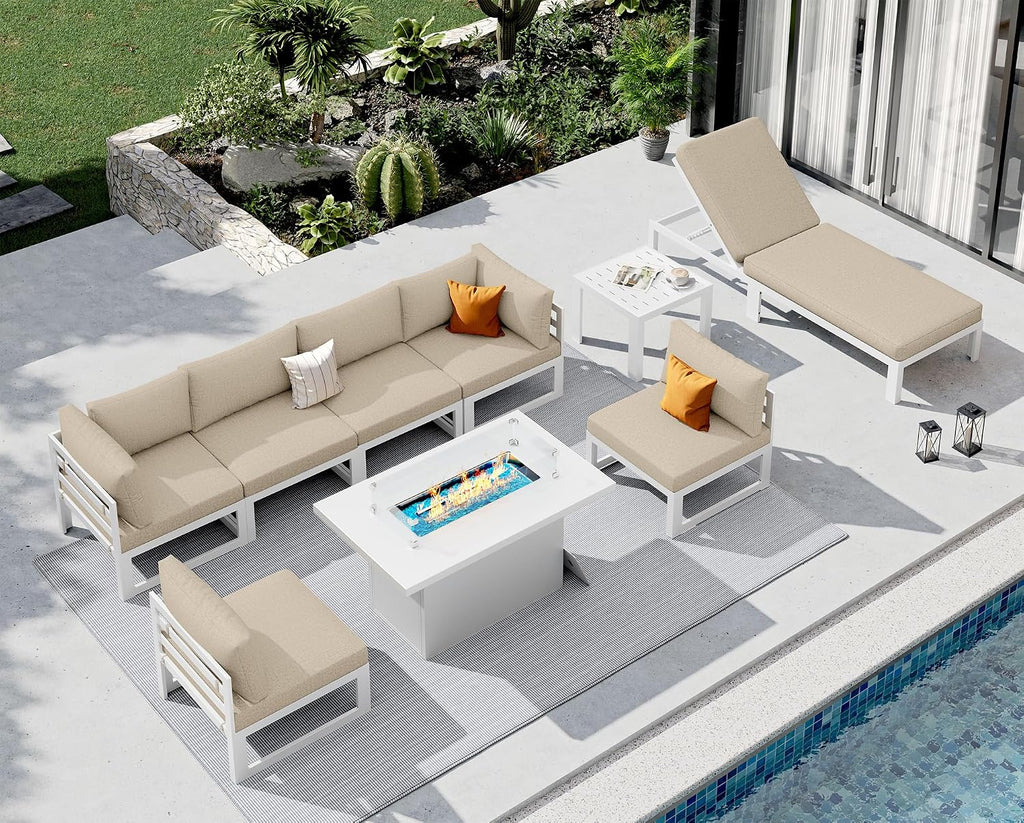 NICESOUL Extra Large Luxury Aluminum Outdoor Sectional Sofa with Lounger, Weather Resistant Modular Patio Furniture Set for 7 People, 500 lbs Heavy Duty Conversation Couch for Poolside Garden, Beige