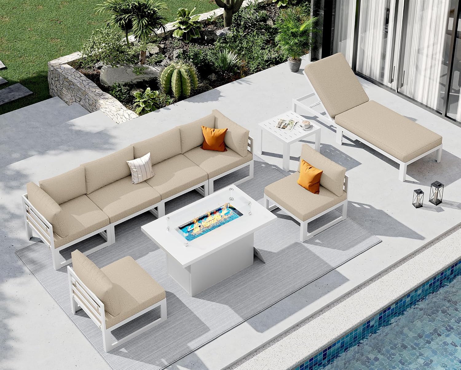 NICESOUL Extra Large Luxury Aluminum Outdoor Sectional Sofa with Lounger, Weather Resistant Modular Patio Furniture Set for 7 People, 500 lbs Heavy Duty Conversation Couch for Poolside Garden, Beige