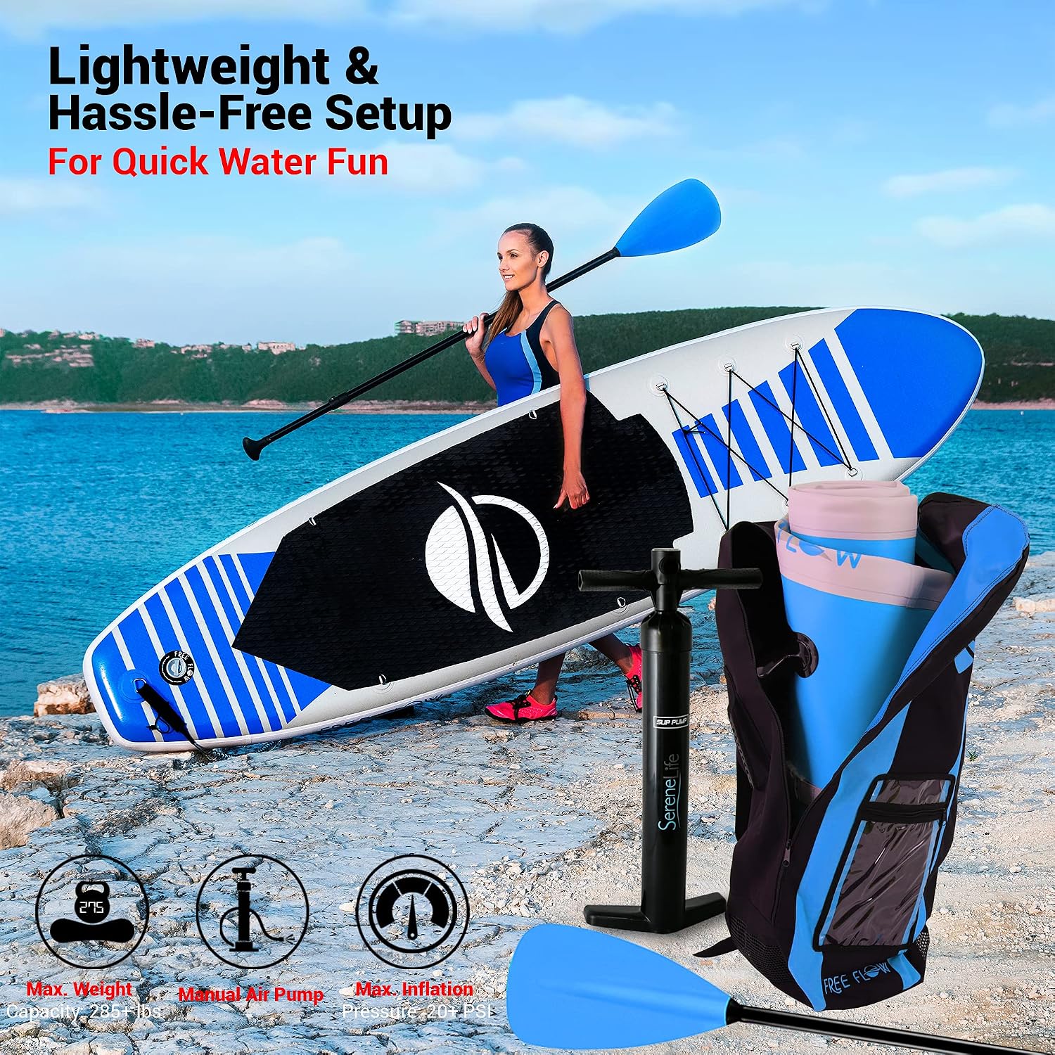SereneLife Inflatable Stand Up Paddle Board and Detachable Seat - SUP Paddleboard Set for Adults and Youth, 32' Wide Design with Non-Slip EVA Deck Pad and Marine-Grade Materials, 350 lbs Capacity