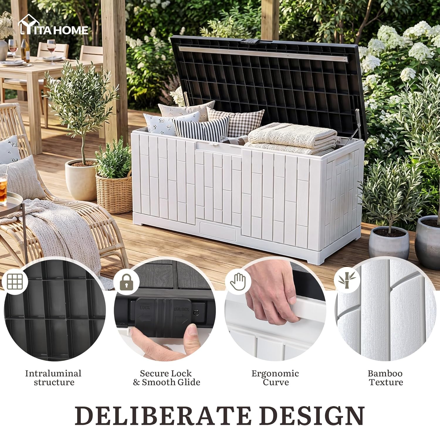 YITAHOME 120 Gallon Outdoor Storage Deck Box, Large Resin Patio Storage with Slide-Locking Black Lid, 2-Person Bench Seat for Outdoor Pillows, Garden Tools & Pool-Supplies, Waterproof, Grayish-White