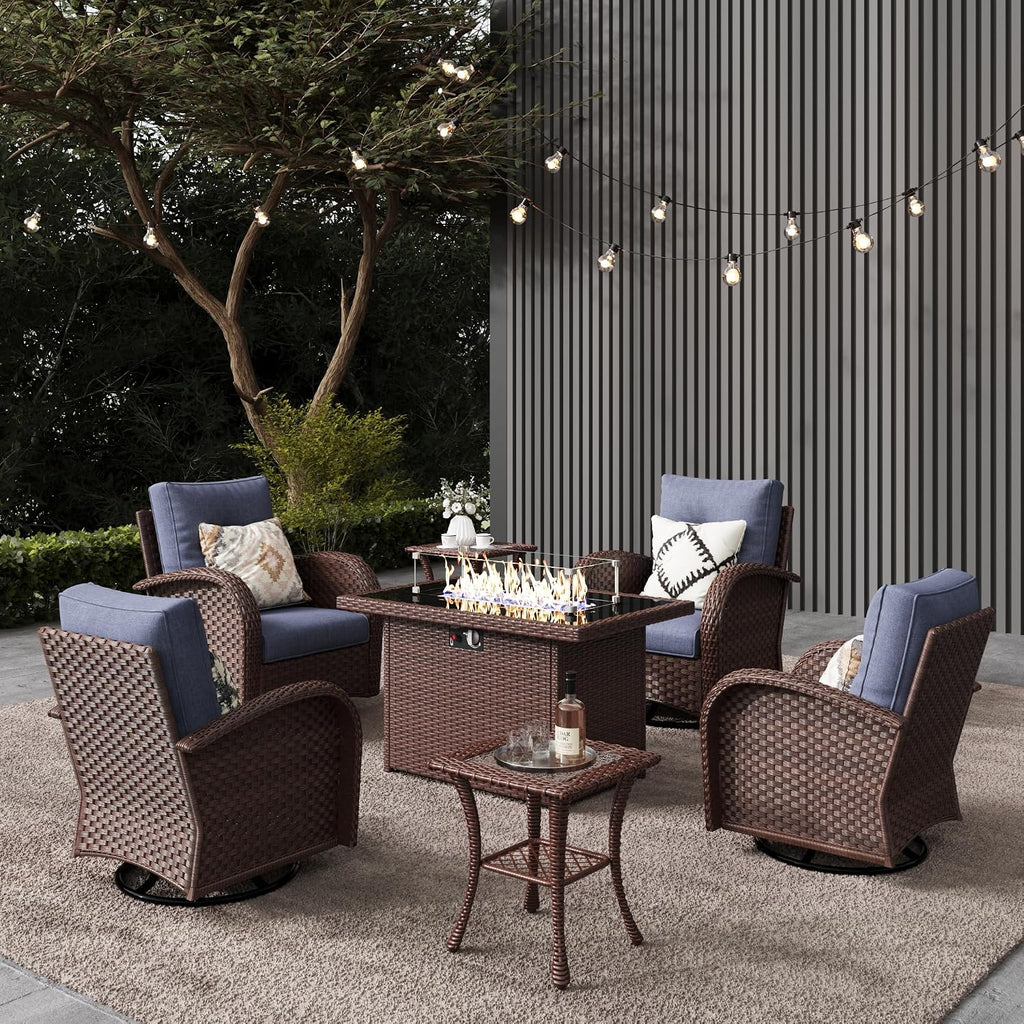 LayinSun 7 Pieces Outdoor Patio Furniture Set with Fire Pit Table, Rattan Wicker Sectional Swivel Rocker Chairs Sets