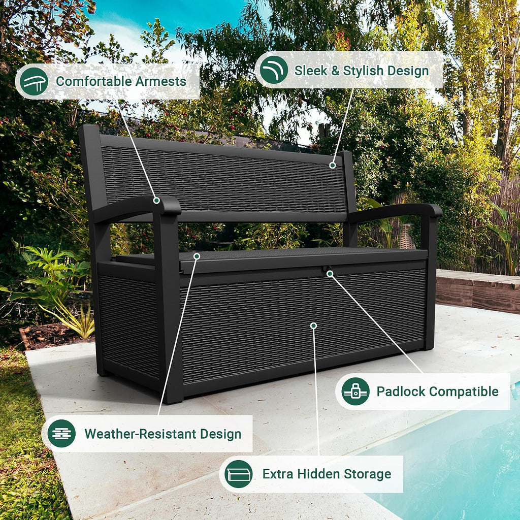 NUNU LAB 70 Gallon Outdoor Storage Bench Deck Box, Lockable Patio Furniture,Resin Outdoor Bench with Armrest,Waterproof Garden Decor,outdoor storage box,for Garden Tools,Cushions and Pool Supplies