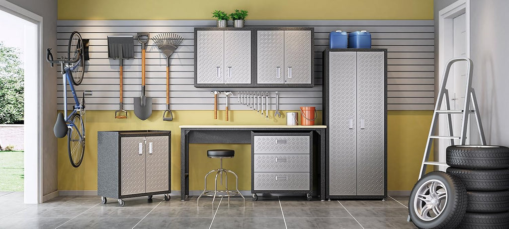 Manhattan Comfort Fortress Collection Modern Designed Durable Tall Storage Standing Garage Cabinet Great For Tools and Supplies, Stainless Steel
