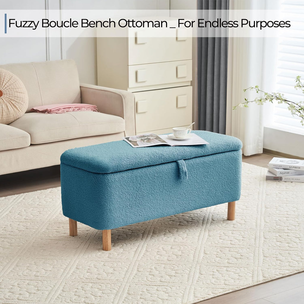 Boucle Storage Ottoman Bench for Bedroom end of Bed, Sherpa Upholstered Shoe Seat Storage Bench for Entryway Bed Foot, Rectangle Cushion Padded Blanket Chest Cute for Living Room, Light Blue